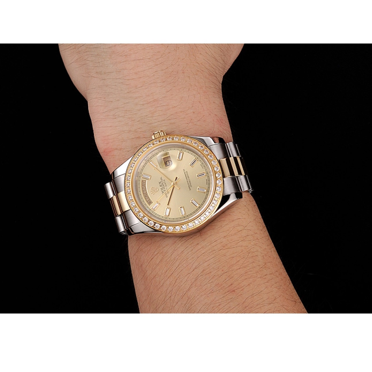 AAA replica watch Swiss Bezel Day-Date Tone Rolex 1454103 Dial Bracelet Two Diamond Champagne 0707